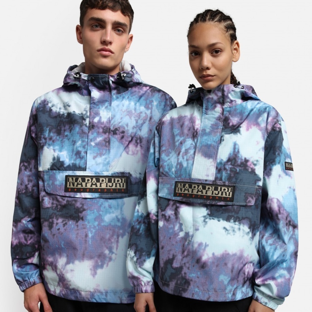 NWT Napapijri Freestrider AOP Anorak pullover Blue tie dye jacket